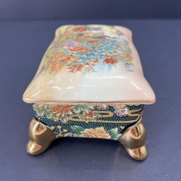Vintage Chinese Porcelain Rectangle Footed Covered Trinket Box Made in China - Picture 5 of 7